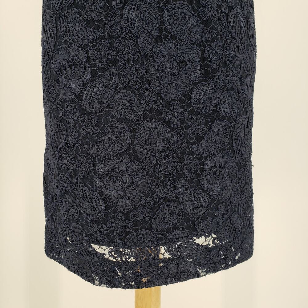 ML Monique Lhuillier Follow Suit Sheath Dress 12 Floral Leaf Lace Cocktail Navy - Picture 10 of 14